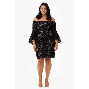XSCAPE Off-the-Shoulder Bell Sleeve Short Dress